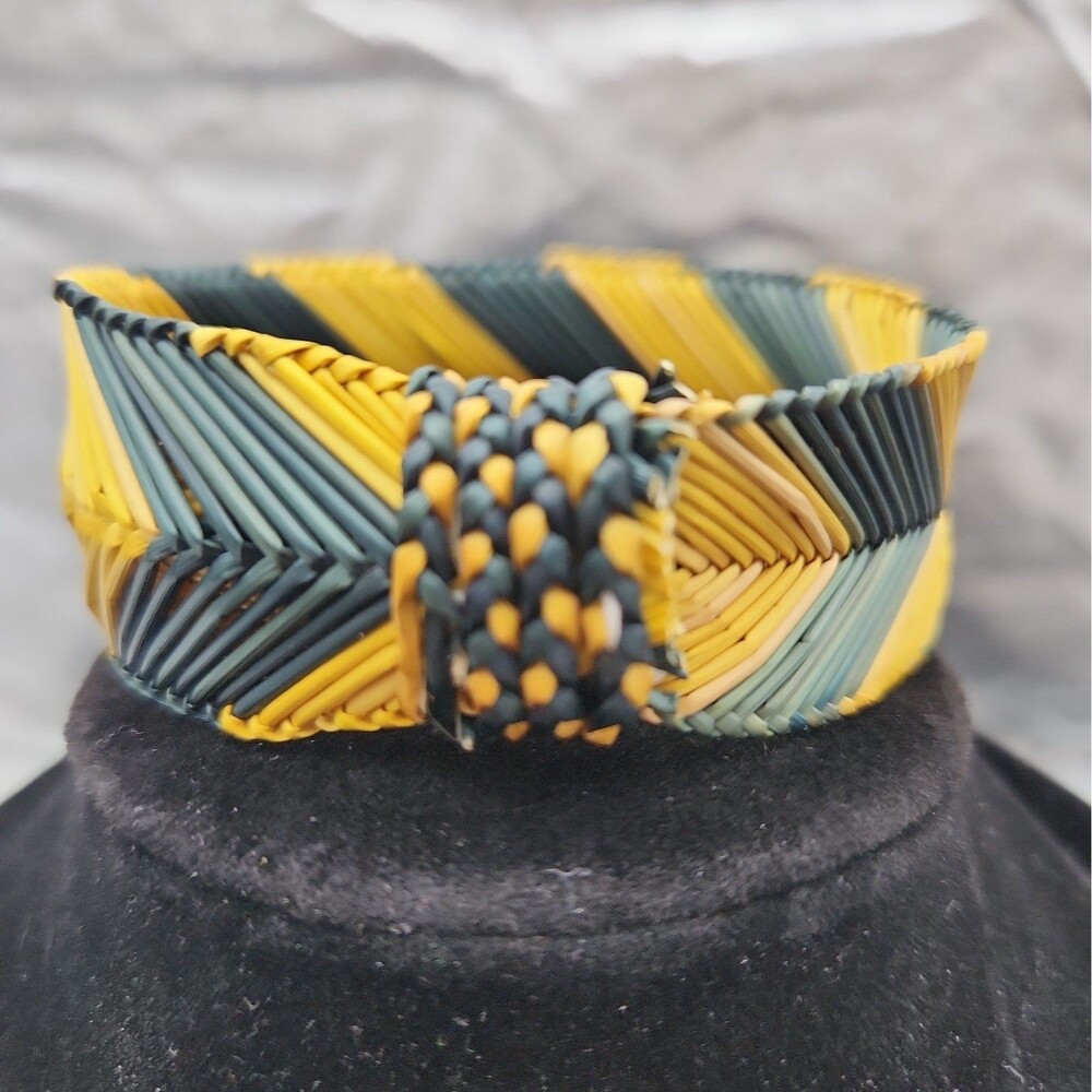 Bracelet Bohemian Woven Yellow Green Straw Chevron Bangle Folk Art Hand Made VTG